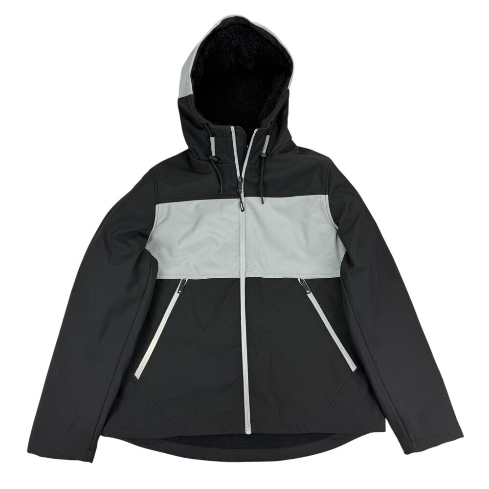 Kenneth Cole Mens Hooded Reflective Faux Fur-Lined Jacket Black Gray L